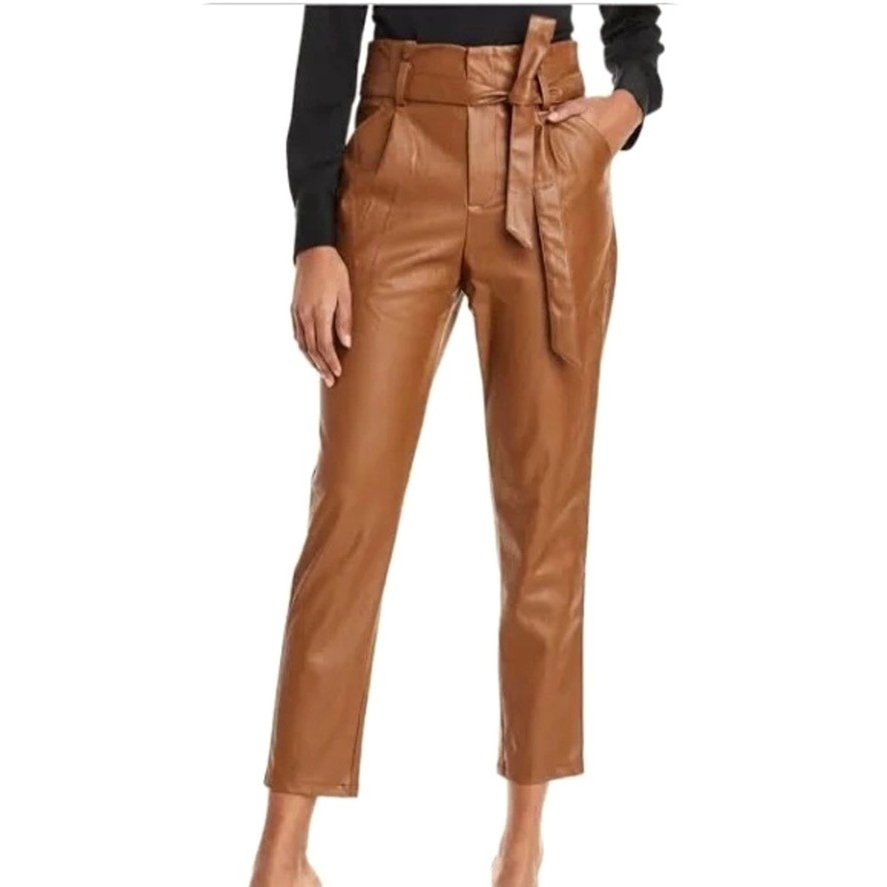 Lucy Paris Cognac Faux Leather Paperbag Waist Belted Ankle Pants Size Small